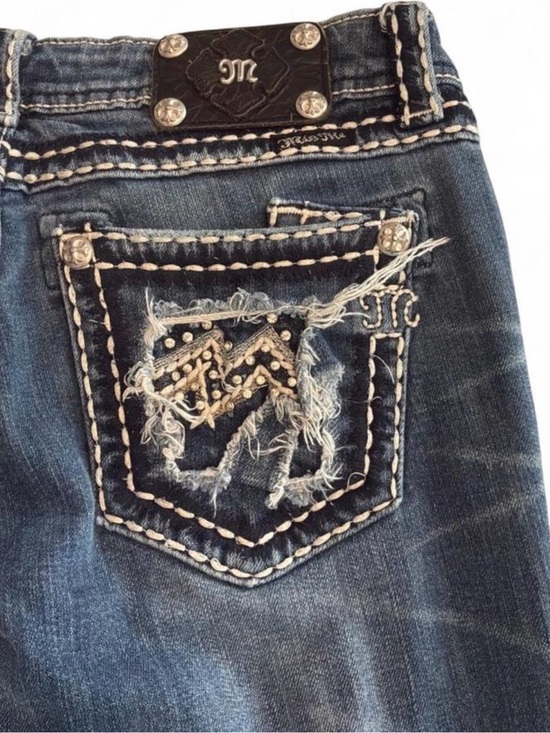 Denim - Miss Me distressed jeans with white contrast, stitching size 30 straight leg
